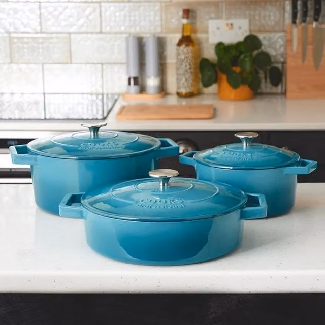 Cooks Professional Set of 3 Enamelled Cast Iron Casserole Dishes with Lids in Petrol and Black