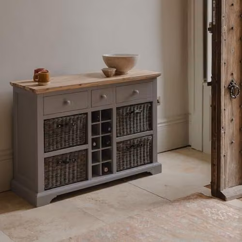 Statement Furniture Florence Sideboard in Dove Grey with Acacia Wood Top, 3 Drawers, 4 Storage Baskets and Wine Rack, W: 120 cm, H: 85 cm, D: 42 cm