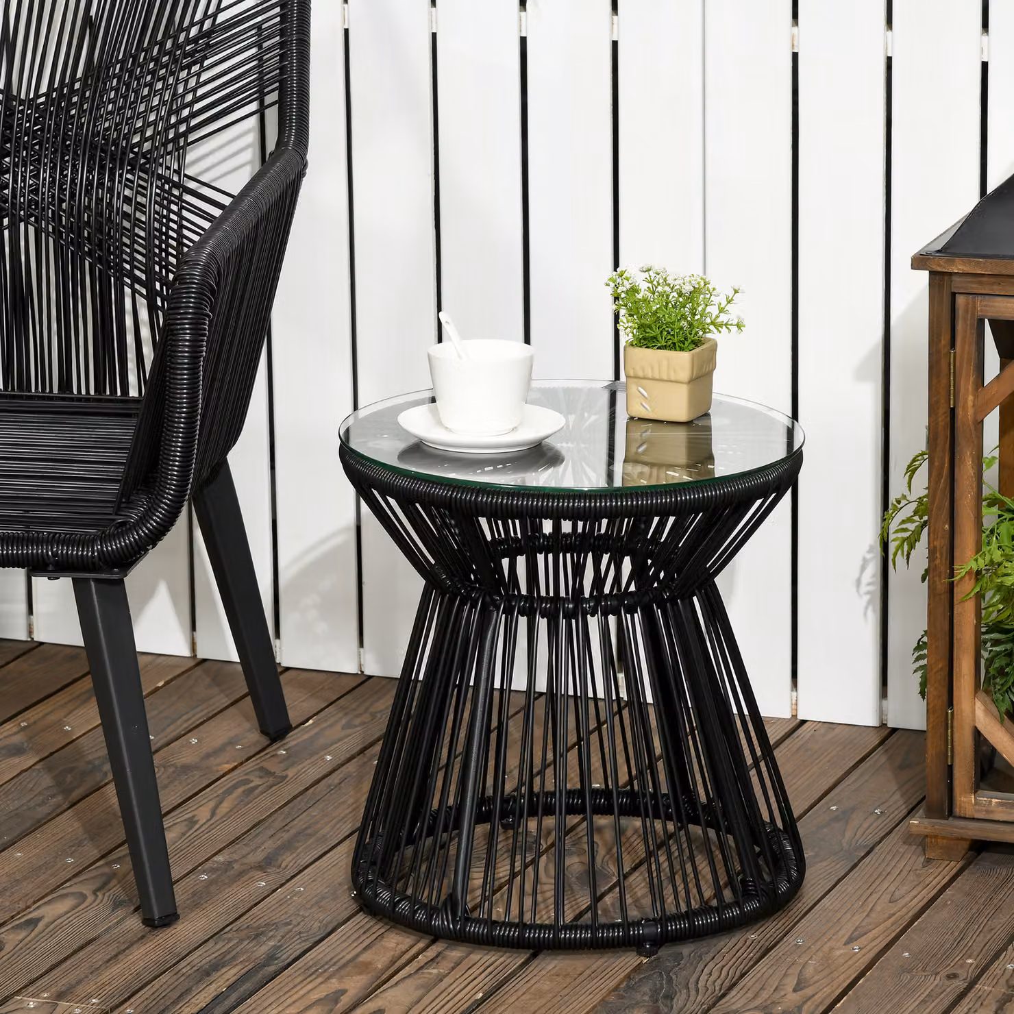 Outsunny Round Rattan Side Table with Glass Toptop in Black – 2