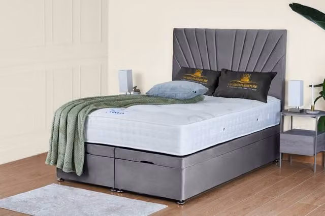 UK Bed Furniture Sunrise End Lift Divan Ottoman Bed with 54 Inch Headboard, Grey, W/D/H: 200 x 200 cm