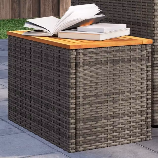 Berkfield Home Set of 2 Grey Poly Rattan and Solid Wood Garden Side Tables, W/D/H: 55 x 34 x 37 cm – 1