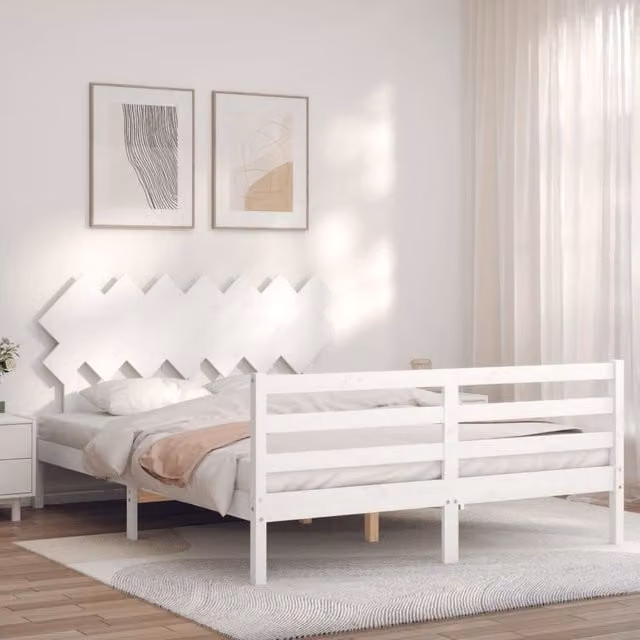 Berkfield Home Solid Wood Pine Bed Frame with Headboard in White, W/D/H: 140 x 200 cm – 1