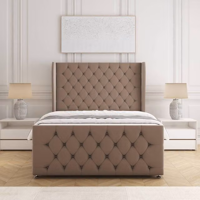 BSSPOKE Anna King Size Plush Velvet Divan Bed with 54 inch Headboard and Mattress in Bronze, W/D/H: 180 x 200 cm