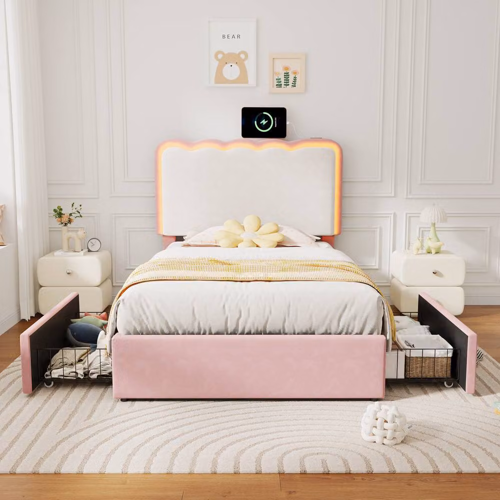 Merax Pink and White Single Velvet Storage Bed with LED Wavy Headboard and USB Charging Port, W/D/H: 198 x 100 x 117 cm – 3