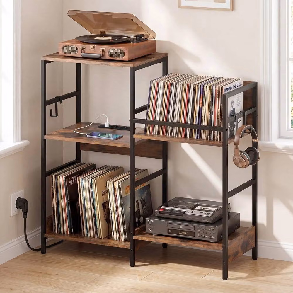 FORGEVIO Industrial Record Player Side Table and Display Cabinet in Brown – 3