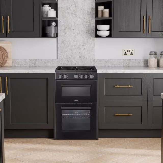 Willow 50cm Wide Black Electric Twin Cavity Freestanding Cooker with Grill and Solid Plate
