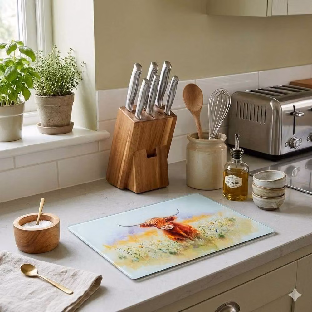 PAWNORA Highland Cow Multicolour Glass Chopping Board and Kitchen Worktop Saver, W: 100 cm, H: 100 cm, D: 37 cm – 2