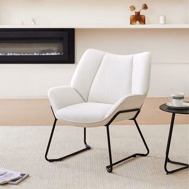 Komore Minimalist Linen Accent Armchair with Metal Frame in Beige and White