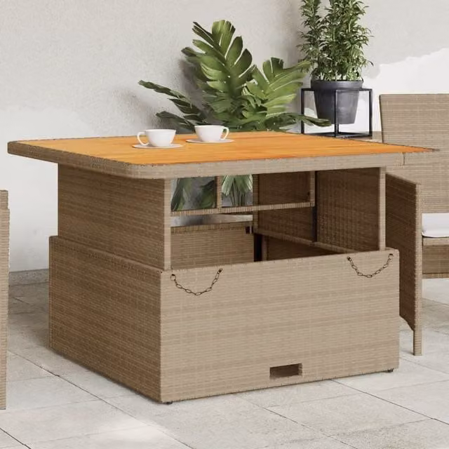 Berkfield Home Garden Table in Beige, Poly Rattan and Acacia Wood, W/D/H: 110 x 110 x 71 cm