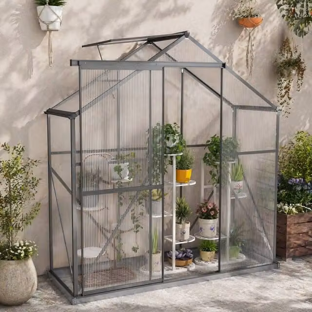 STILVORA Grey Walk-In Greenhouse with Aluminium Frame, Polycarbonate Panels, Sliding Door, Window and Rain Gutter, Height: 190 cm