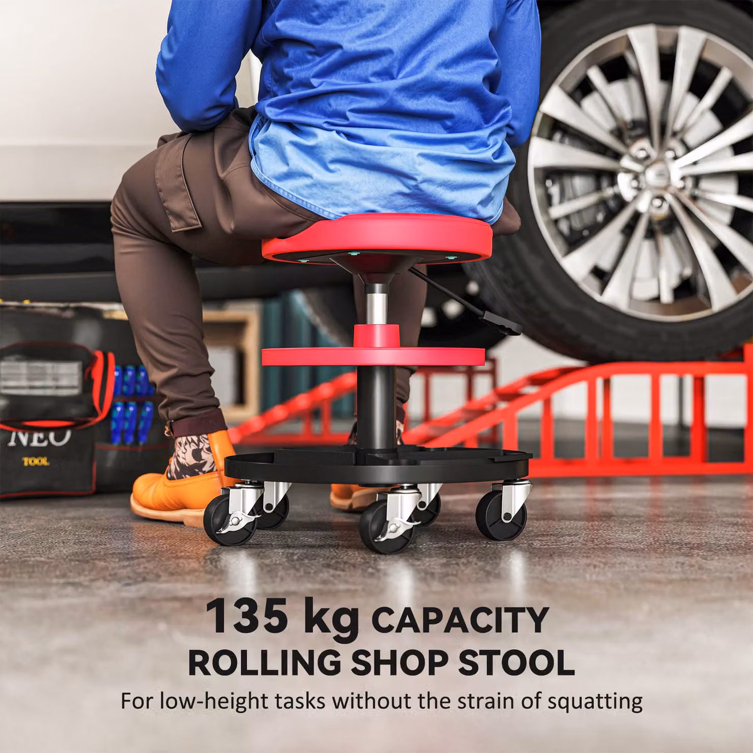 HOMCOM Rolling Mechanic Stool in Red with 360 Degree Swivel, Castors and Tool Tray Storage – 4