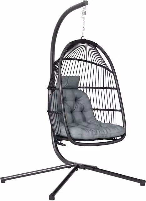 OUTSUNNY Rattan Hanging Egg Chair with Stand and Cushion in Dark Grey