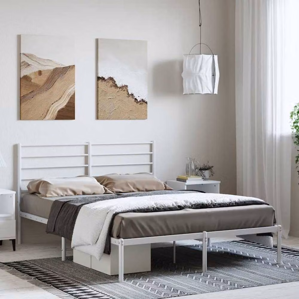 Berkfield Home Metal Bed Frame with Headboard in White, W: 135 cm x D: 190 cm – 2
