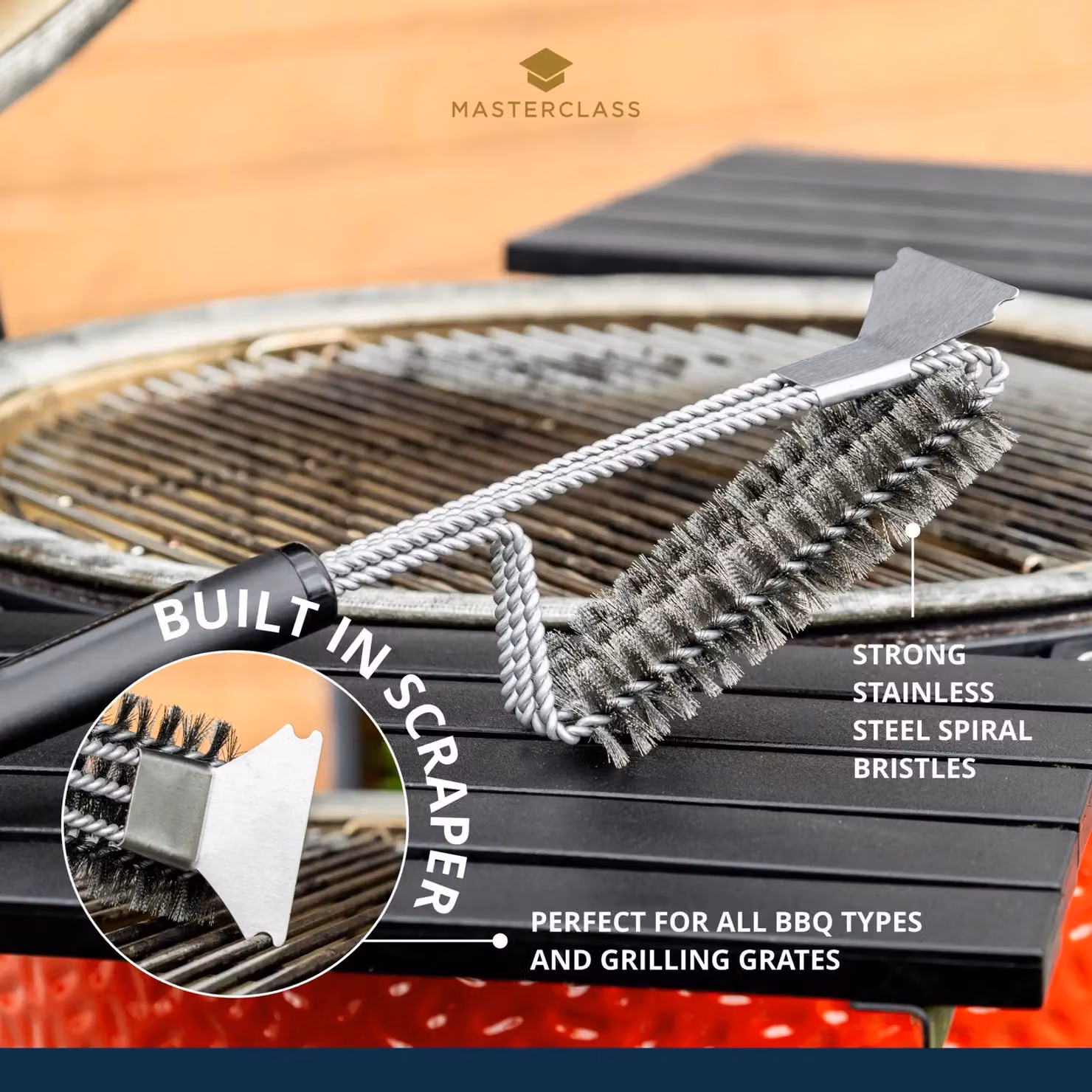 MasterClass BBQ Bristle Spiral Grill Brush with Scraper in Black and Stainless Steel, H 39.0 cm x W 7.0 cm – 7