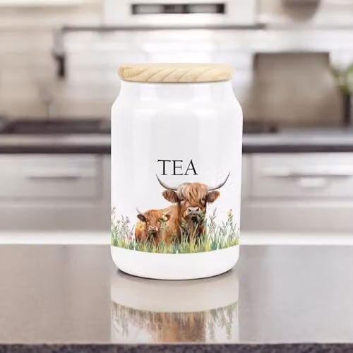 Purely Home Highland Cow Ceramic Tea Storage Canister with Wooden Lid, Brown and White, H 14.5 cm x W 9.5 cm – 2