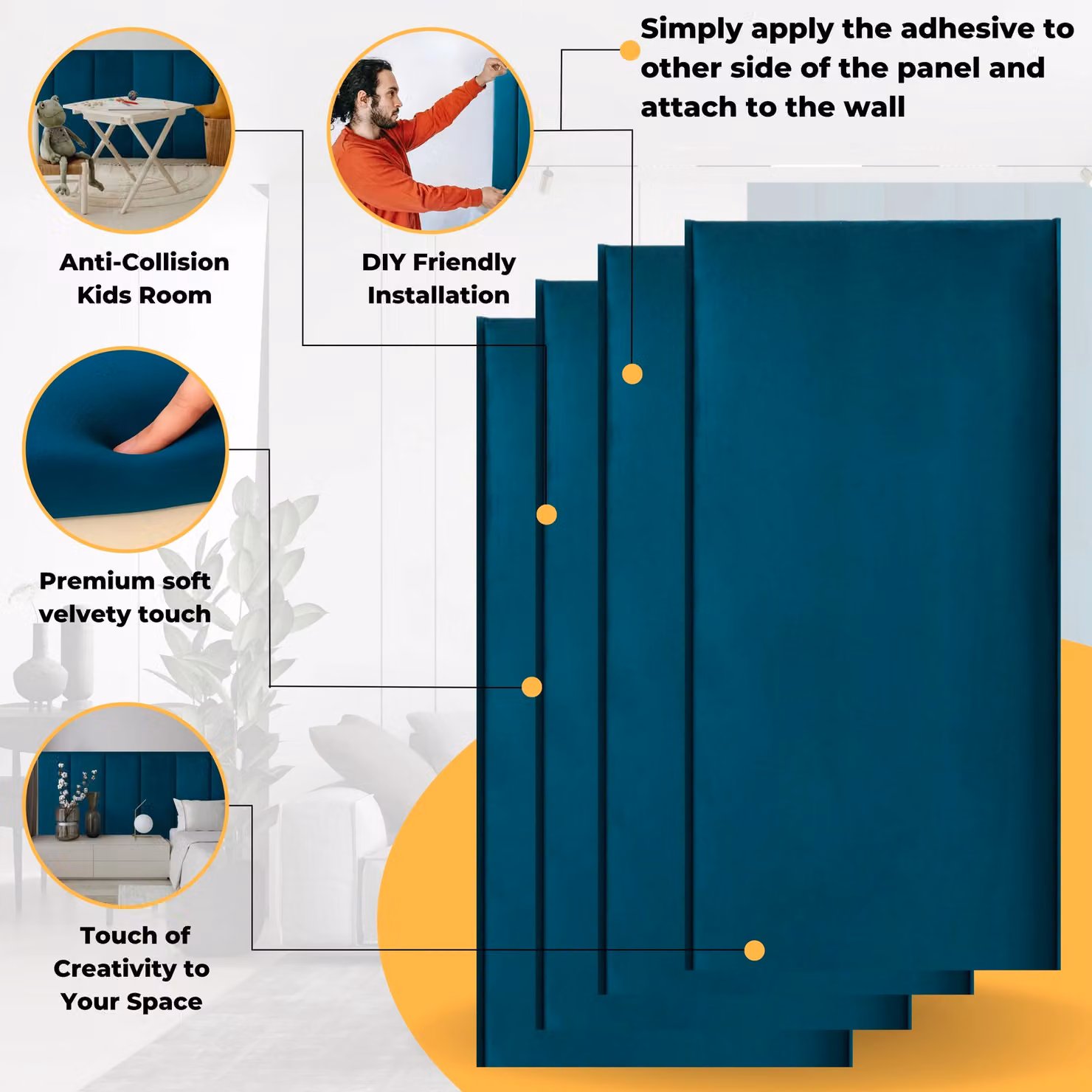 Novecrafto Set of 4 Blue Velvet Upholstered Wall Panels with Adhesive, W: 80 cm, H: 30 cm – 2