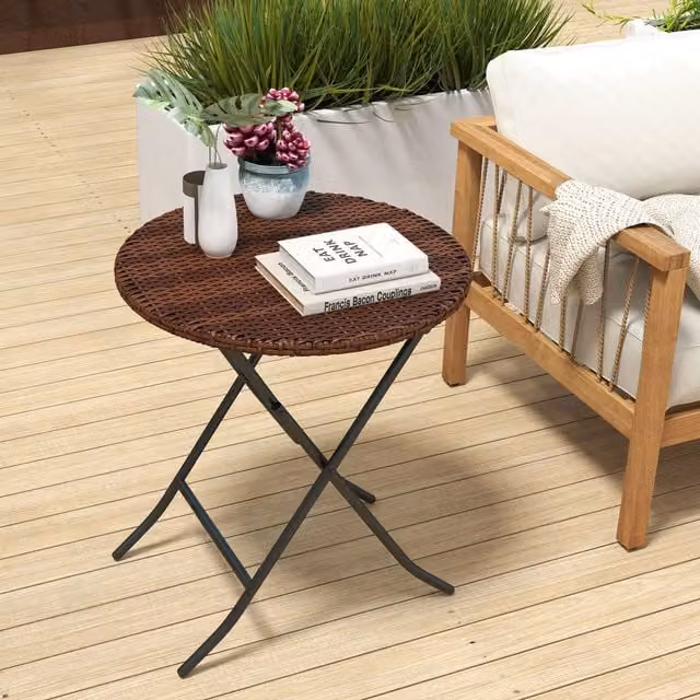 OUTSUNNY Foldable Outdoor Coffee Table with Metal Frame and PE Rattan in Mixed Brown