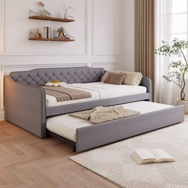 Rolipo Grey Velvet Chesterfield Double Daybed Sofa Bed with Pull Out Trundle – 1
