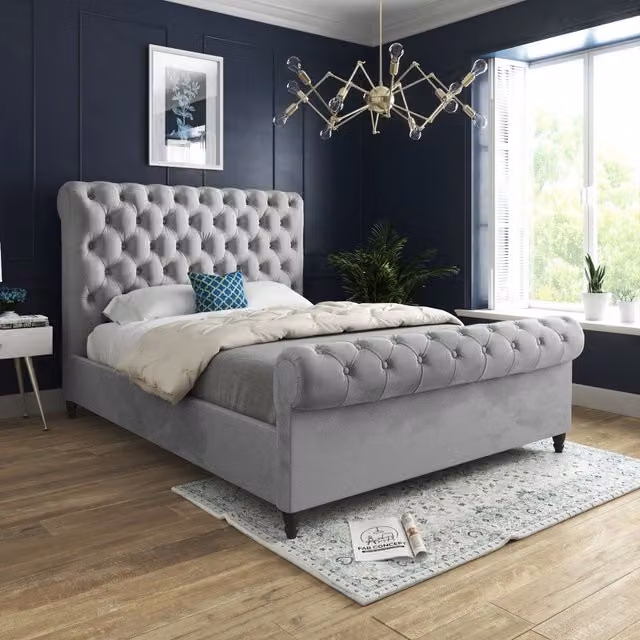 Casani Sienna Sleigh Upholstered Velvet Bed Frame in Grey, W/D/H: 180 x 200 cm