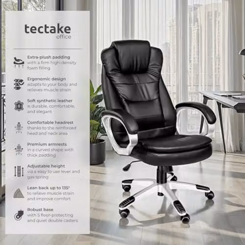 tectake Zulu Executive Office Chair in Black with Faux Leather Upholstery and Headrest – 3