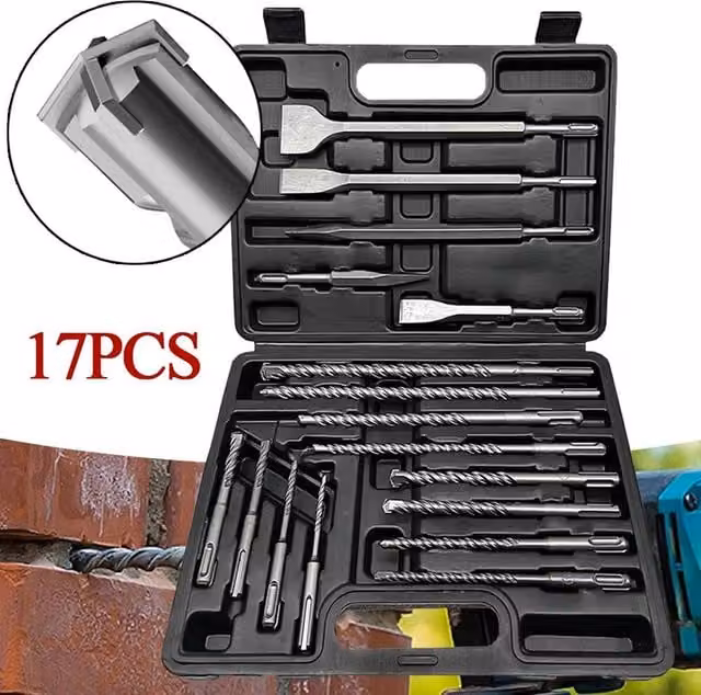 VOGREX 17 Piece Concrete Tile Brick SDS Drill Tool Kit in Silver, W: 1000 cm, H: 52 cm, D: 52 cm – 1