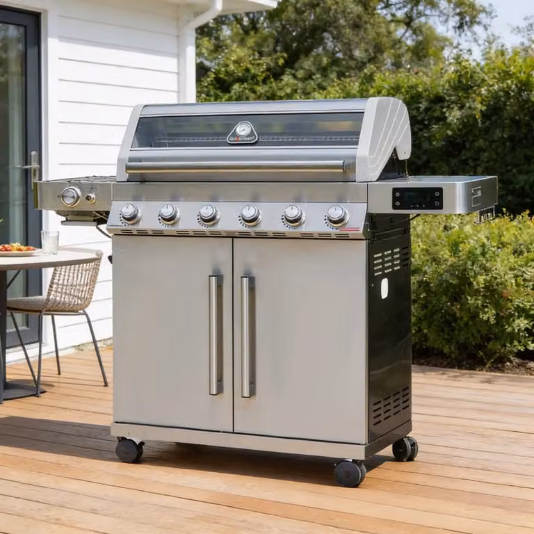 Grillstream Gourmet 6 Burner Gas and Charcoal BBQ in Silver with Cast Iron Grates, Side Burner, Warming Rack and Wheels