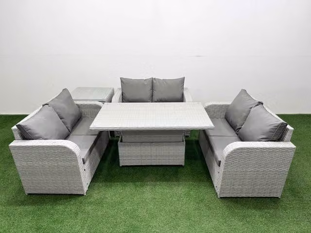 Fimous 6 Seater PE Wicker Rattan Garden Furniture Set in Light Grey with Adjustable Lifting Dining Table, 2 Seater Sofa, and Side Table