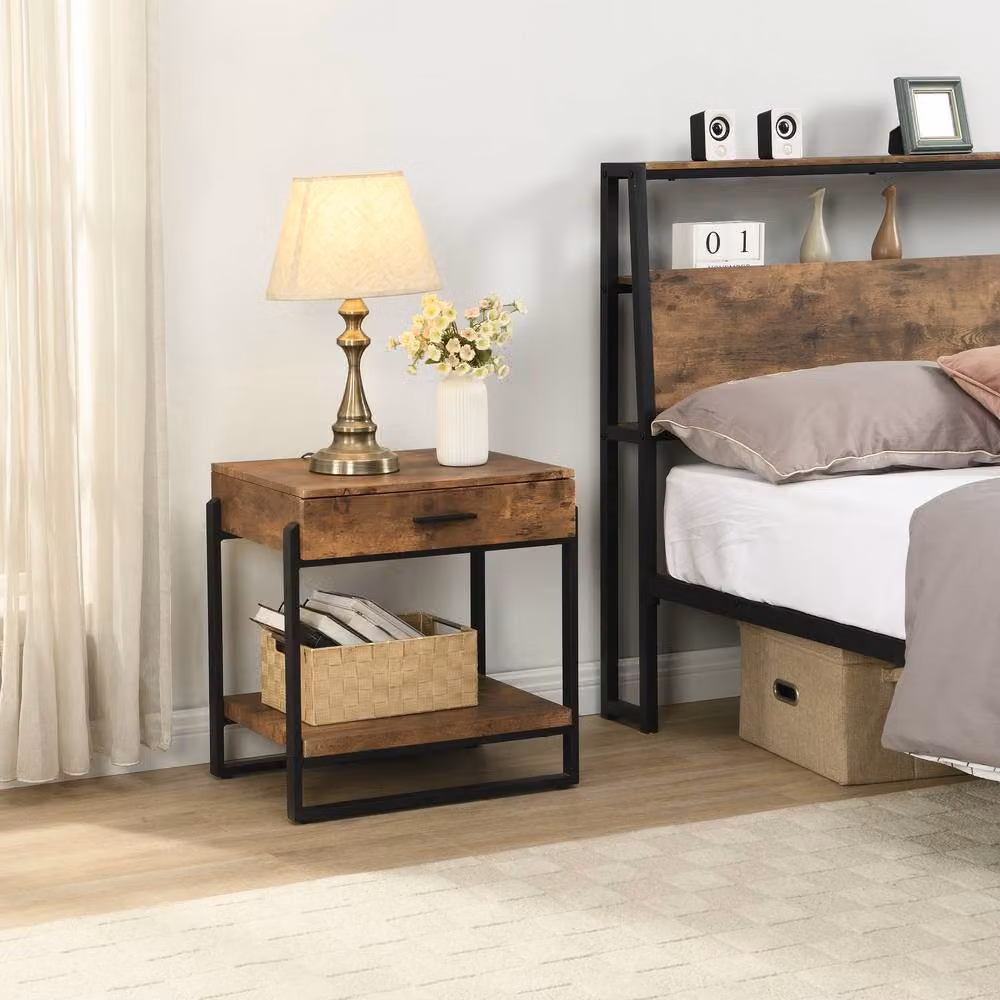 Mona Vale Furniture Rustic Industrial Nightstand with Drawer and Open Shelf in Brown – 2