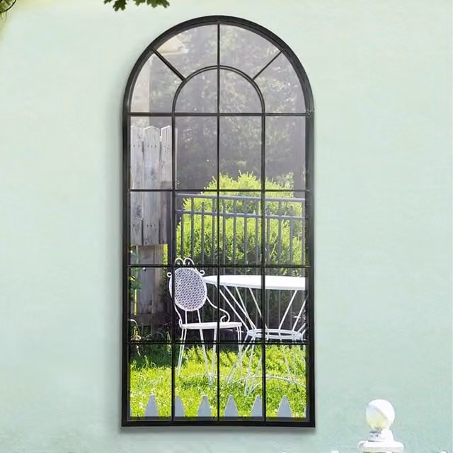 MirrorOutlet Large Multi Panelled Arched Window Garden Mirror in Antique Black, H 140 cm x W 66 cm