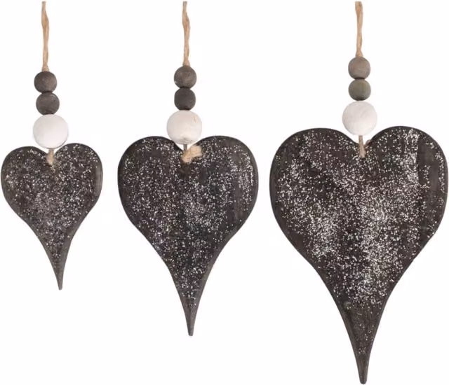 Red Hamper Set of 3 Hanging Glitter Heart Wicker Decorations in Brown