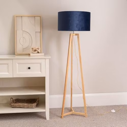 ValueLights Lottie Natural Wood Tripod Floor Lamp with Blue Fabric Drum Shade, H 148 cm x W 45 cm x D 45 cm – 2