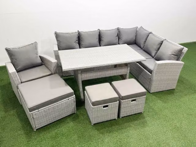 Fimous 10 Seater Rattan Garden Furniture Set with Corner Sofa and Dining Table in Light Grey