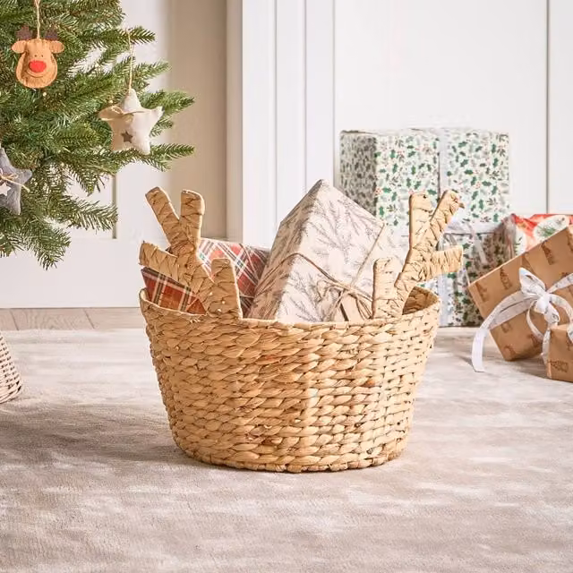 Wyld and Coco Natural Water Hyacinth Braided Basket with Deer Ears in Brown and Beige