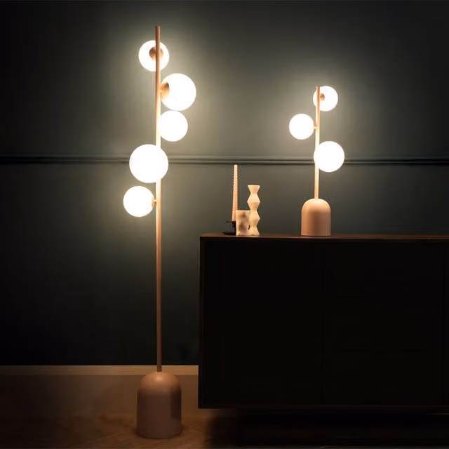 ValueLights Marlow 5 Way Floor Lamp with Pink Opaque Glass Globe