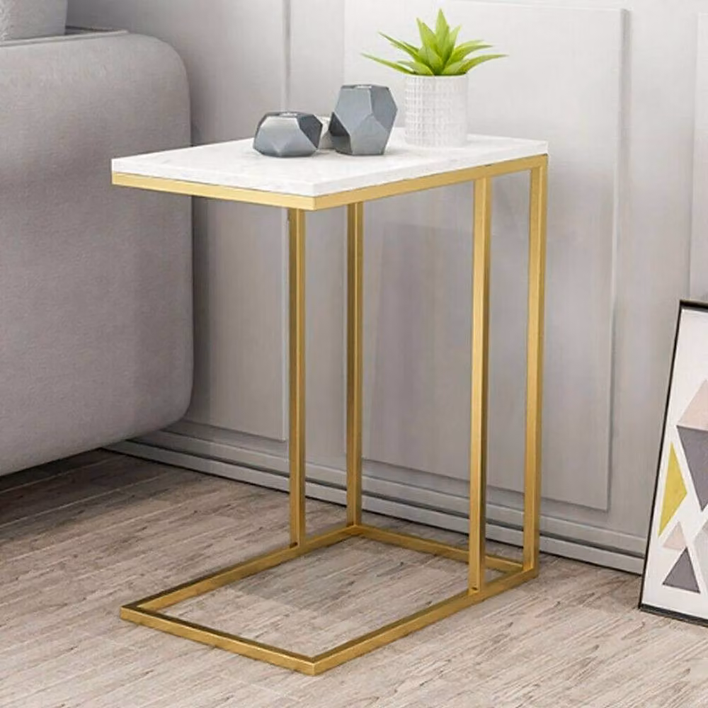 VOGREX Modern Marble Effect End Table in White and Gold with Nested Tops and Metal Sled Base – 2