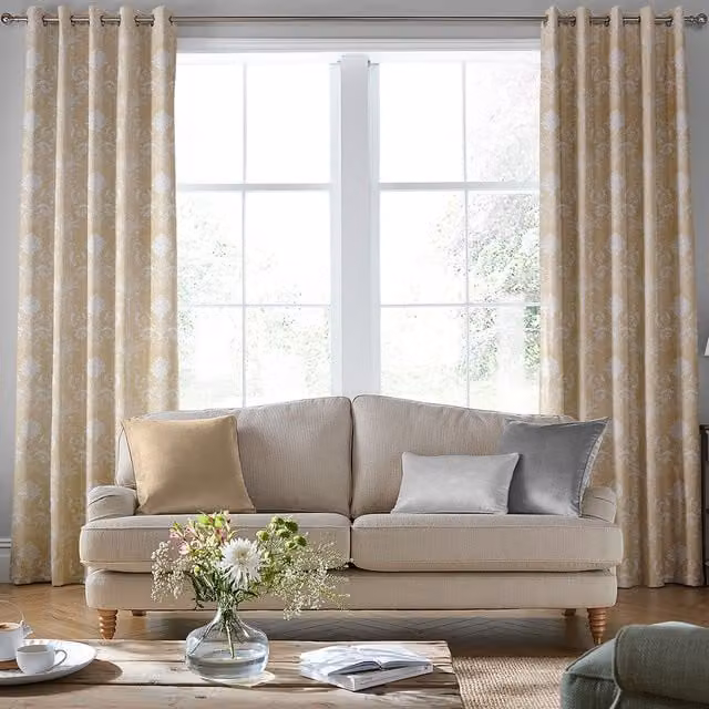 Laura Ashley Josette Made to Measure Blackout Woven Curtains in Gold Damask Leaf Pattern