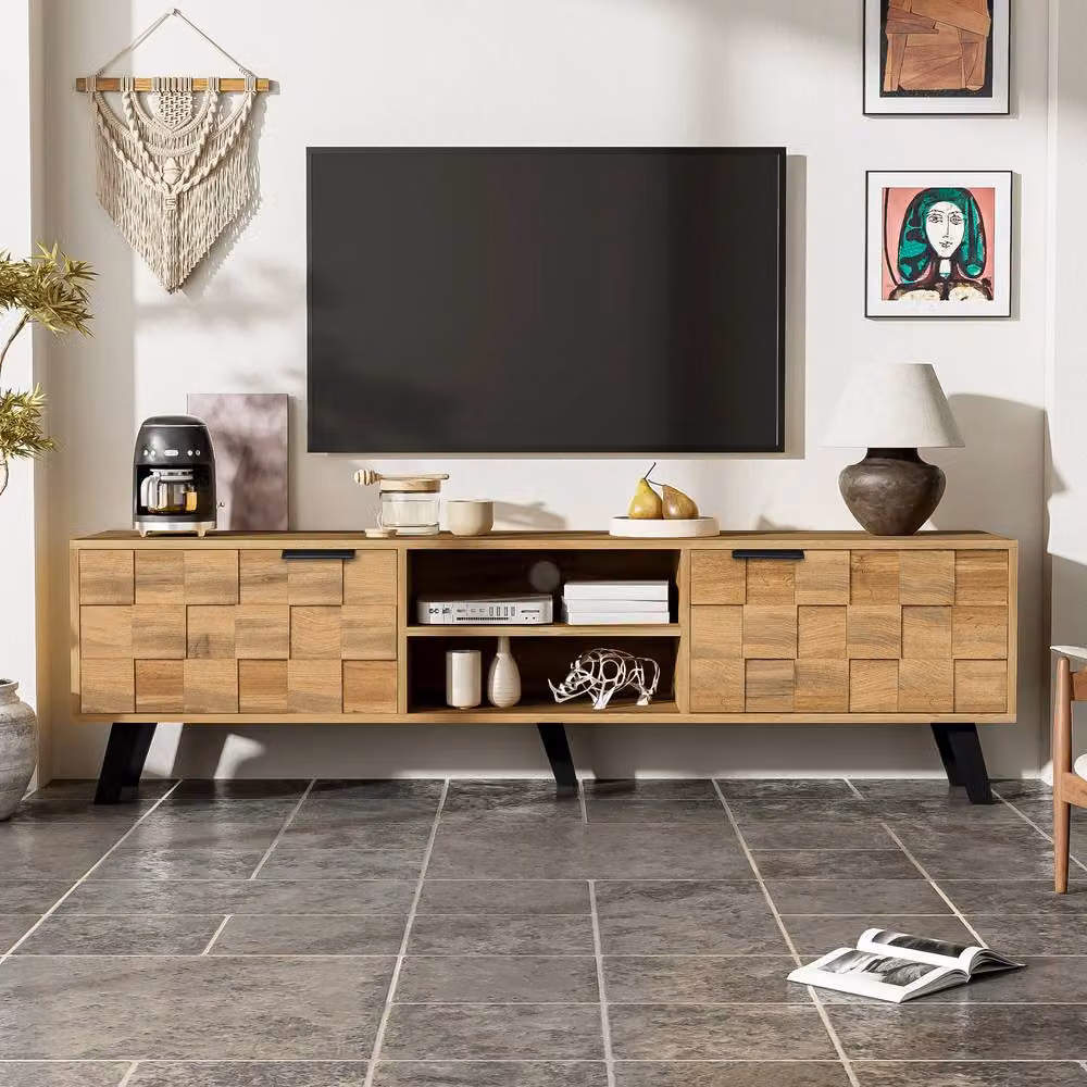 ModernLuxe Modern TV Cabinet with 2 Doors and 2 Open Shelves in Beige and Brown, W/D/H: 120 x 35 x 45 cm – 2