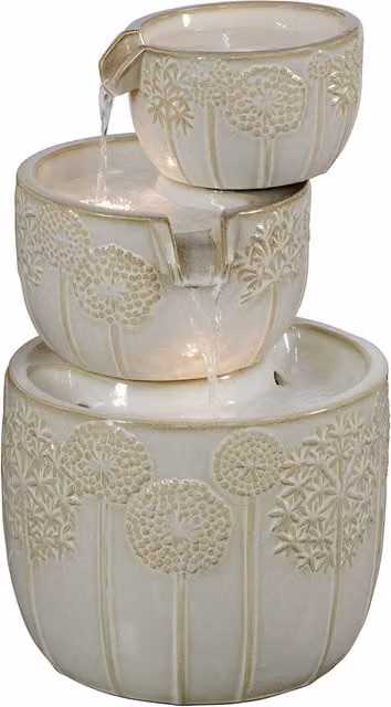 Primrose Bronte Ceramic Cascading Bowls Tabletop Patio Water Feature with LED Lights, White