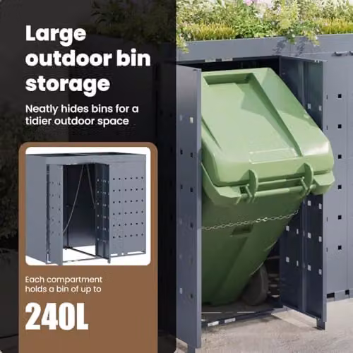 vidaXL Wheelie Bin Storage for 2 Bins, Grey, W: 136 cm, D: 77.5 cm, H: 121.5 cm – 5