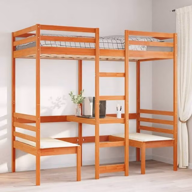 Berkfield Home Loft Bed Frame with Desk and Chairs in Wax Brown Solid Pine W/D/H: 190.5 x 75 x 82.5 cm