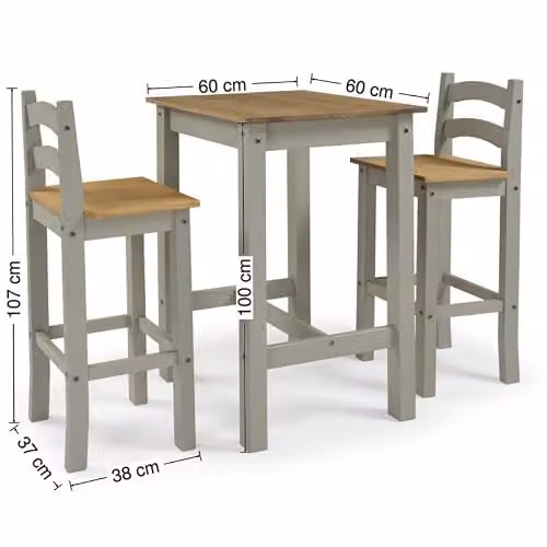 Mercers Furniture Corona Grey Painted Wax Bistro Table and 2 Barstools Set in Solid Pine, H 100 cm x W 60 cm x D 60 cm – 2