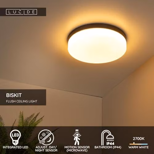 Lucide Biskit Black LED Flush Ceiling Light with Motion Sensor for Bathrooms, Diameter: 34.5 cm – 2