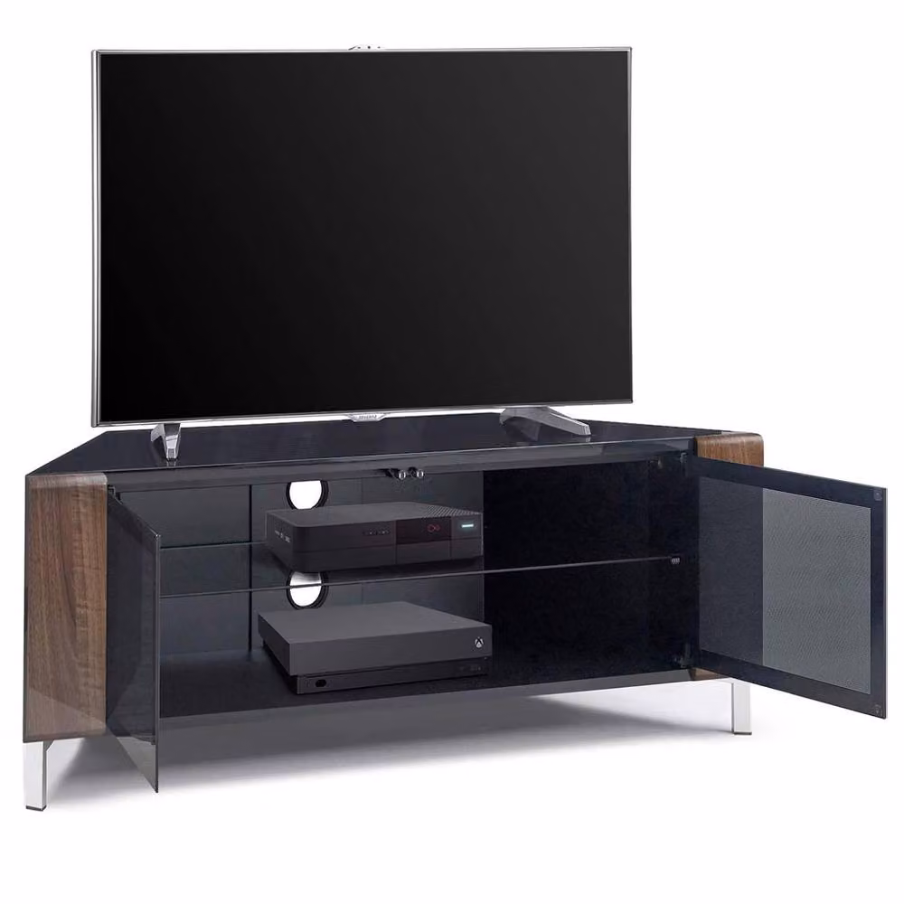MDA Designs CORVUS Modern Black Walnut and Black Corner TV Stand for Flat Screen TVs, W/D/H: 120 x 45 x 48 cm – 3