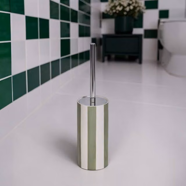 Showerdrape Pier Green and White Striped Freestanding Ceramic and Metal Toilet Brush and Holder