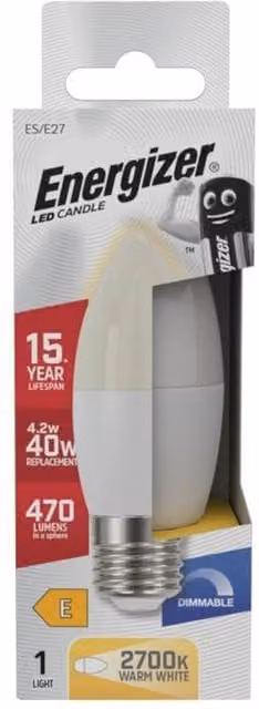 Energizer ES/E27 LED Candle Bulb, Warm White, Opal