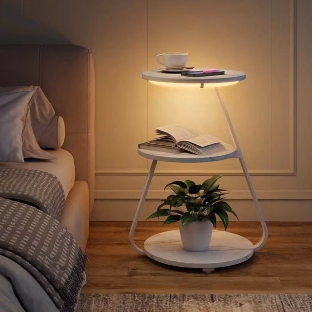 EONLION 3-Tier Modern White Marble Sofa Side Table with LED Light and Sled Base, Height: 100 cm – 1