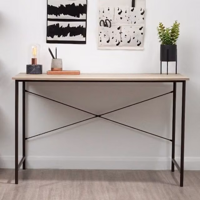 Orsina Modern Grey Oak Computer Desk with Black Metal X-Frame, W/D/H: 120 x 60 x 75 cm