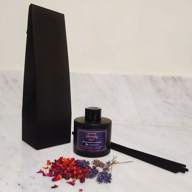 Gloriously Good Rose Geranium, Lavender, Ylang Ylang and Vetiver Aromatherapy Reed Diffuser in Black