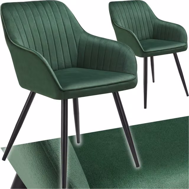 Tectake Marilyn Quilted Velvet Dining Chair with Continuous Backrest and Steel Legs in Dark Green and Silver