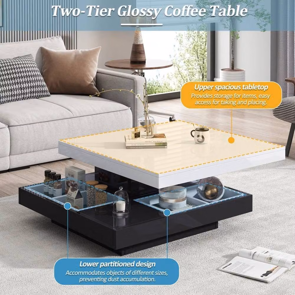 ERGOVEXA Modern Square Coffee Table with 360 Rotating Top and Storage, White and Multicolour, W/D/H: 70 x 70 x 36 cm – 5